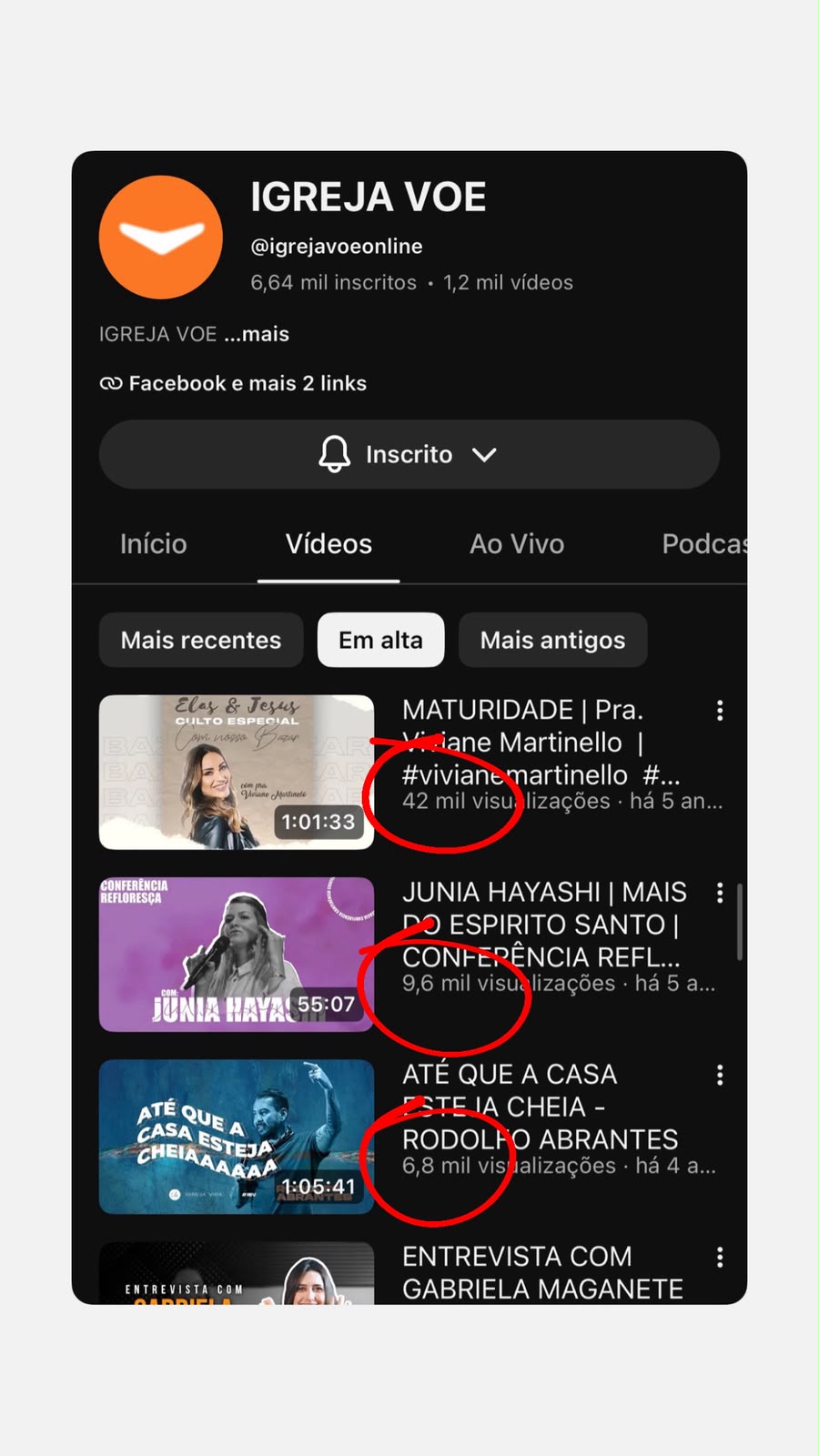 Print do canal da igreja com inscritos e visualizações